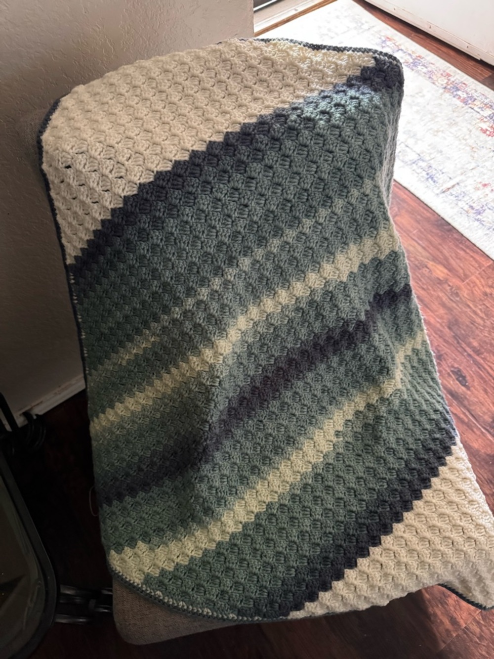 Handmade Green and Cream Crochet Throw Blanket - Soft Home Accent